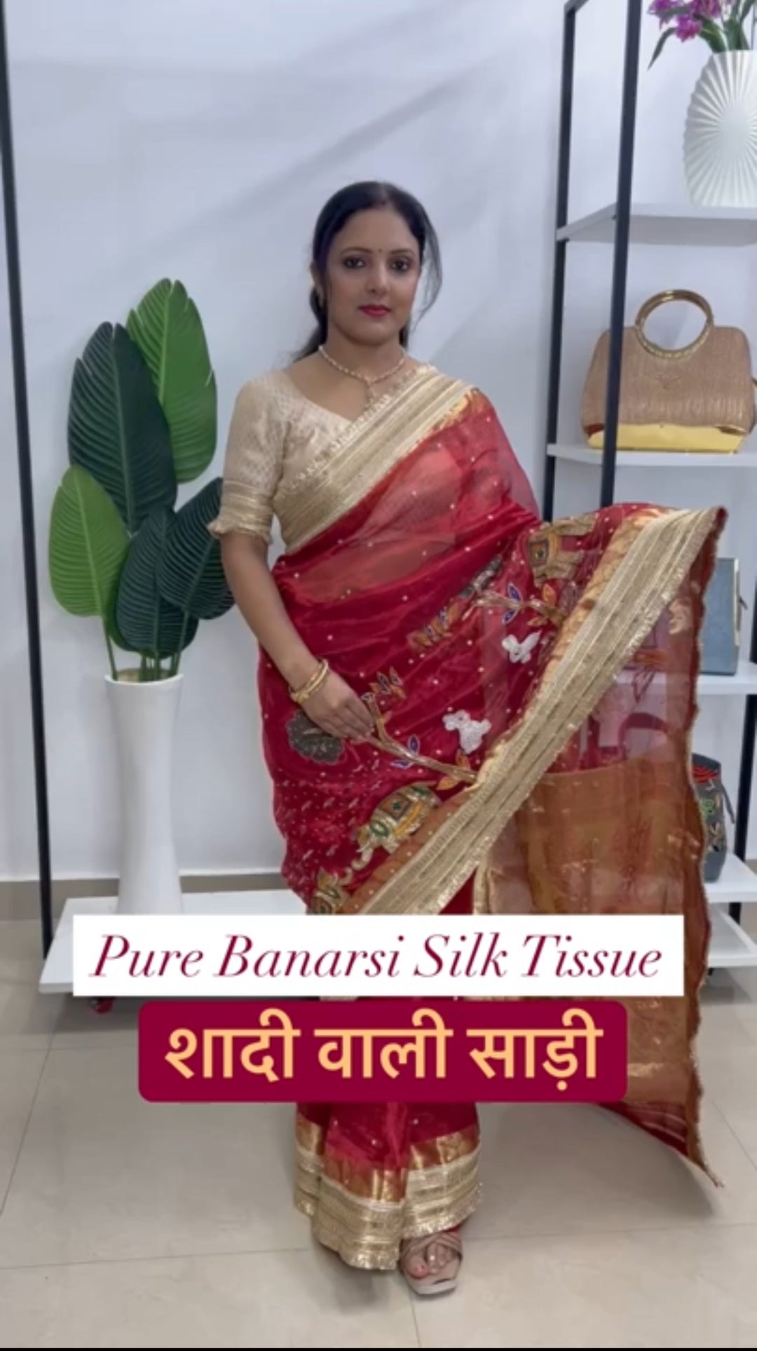 Maharani Gaj Pure Silk Tissue Saree in Royal Red | Hand Embroidered by TanomCloset