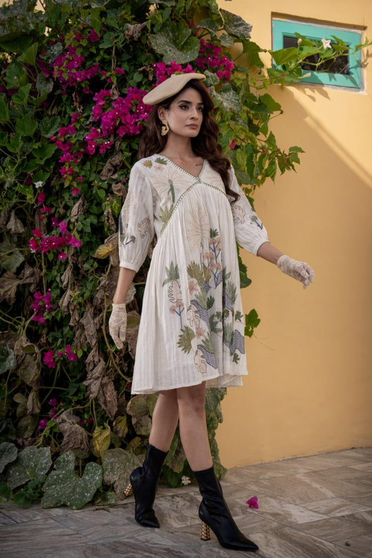 Midi Dress - Elegant White Embordered