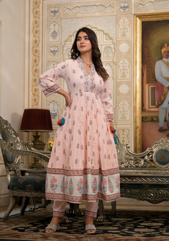 Cotton Stylish Embroidered Anarkali Suit Set