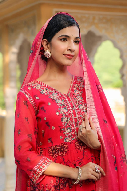 Festive Stylish Embroidered With Elegant Print Anarkali Suit Set