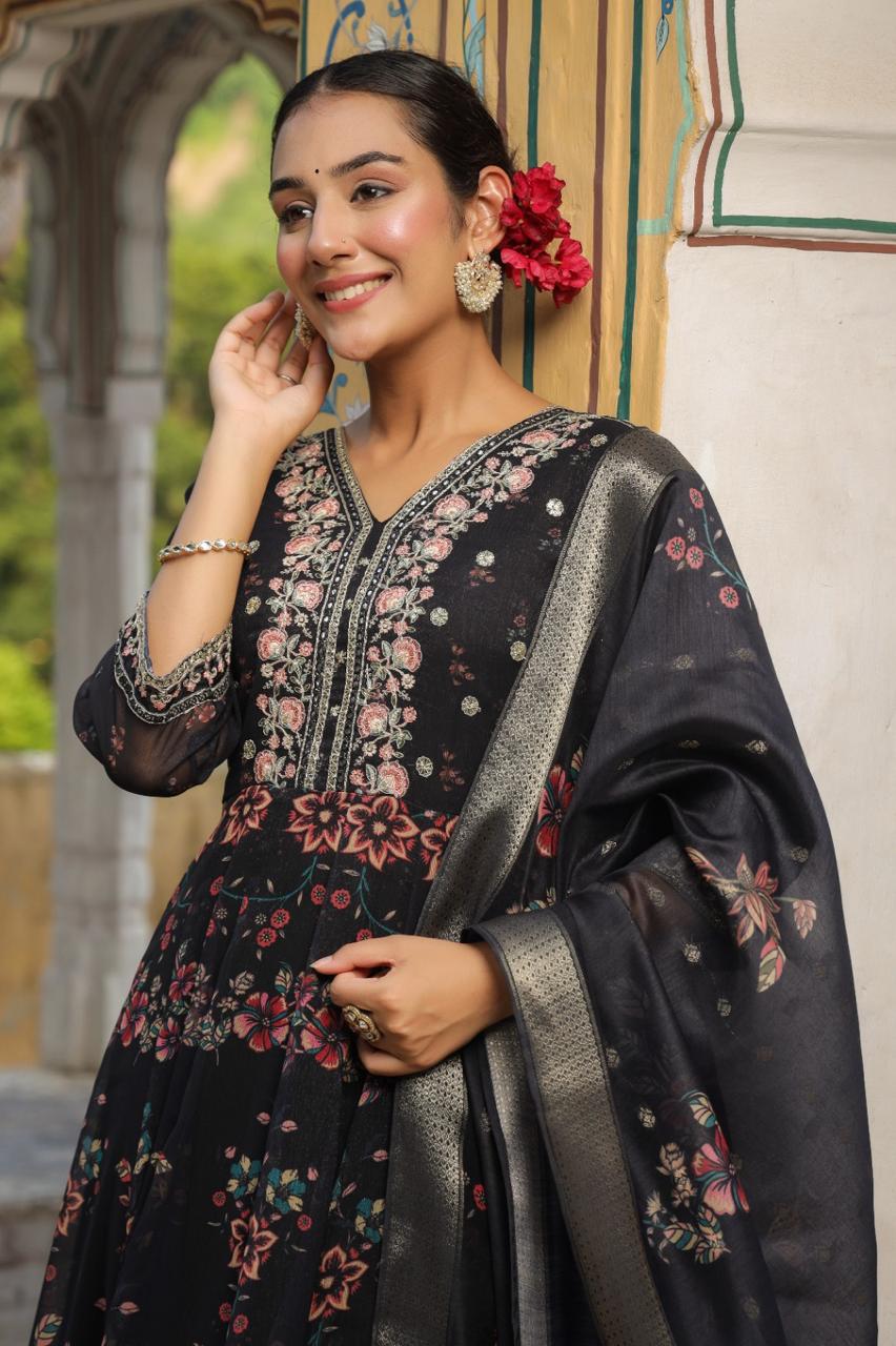 Festive Stylish Embroidered With Elegant Print Anarkali Suit Set
