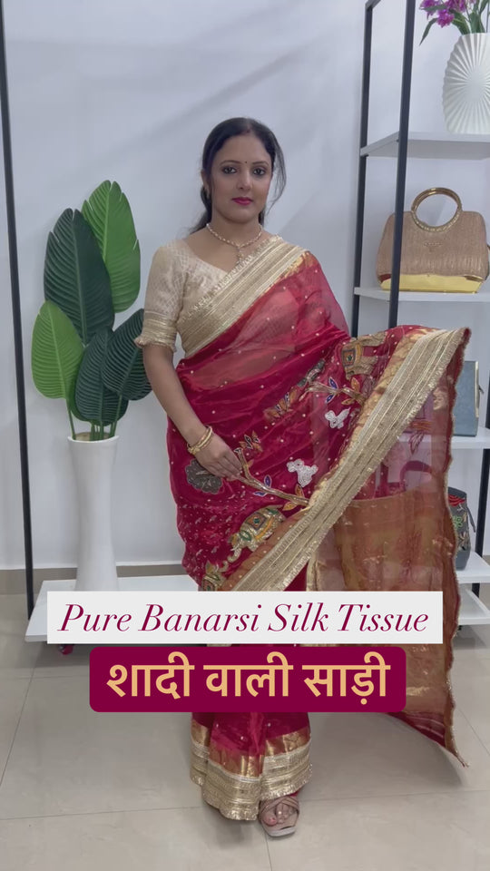 Maharani Gaj Pure Silk Tissue Saree in Royal Red | Hand Embroidered by TanomCloset