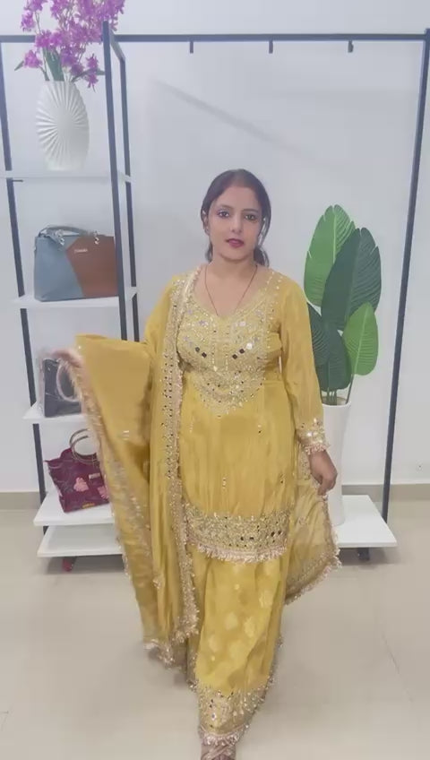Pure Chinon Real Mirror Sharara Dupatta Set with Banarsi Sharara!