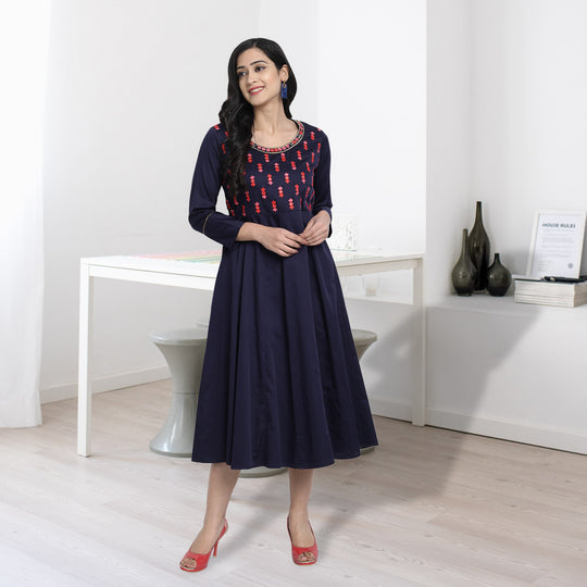 Kurti Dress Navy Embroidered